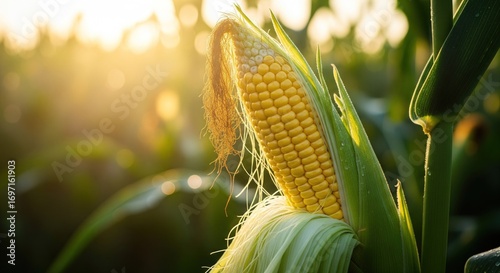 Ripe corn cob in a field at sunrise