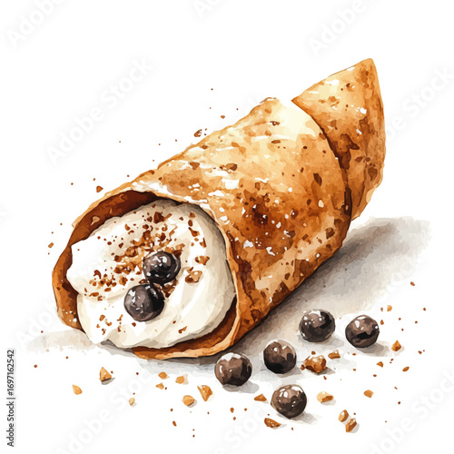 Cannoli, watercolor vector, isolated on a white background.