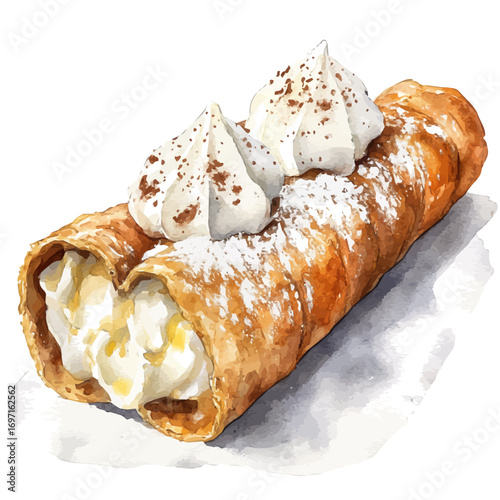 Cannoli, watercolor illustration vector, isolated on a white background.