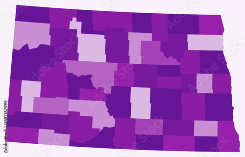 Map of North Dakota with counties. Just a simple state border map with county division. Purple color palette. Flat State of North Dakota shape with administrative division. Vector illustration.