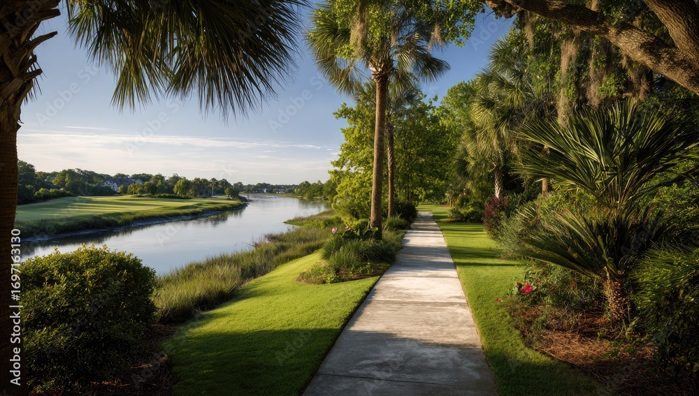 Fototapeta premium Tranquil walkway beside a river, bordered by lush landscaping and trees. Sunlight filters through palm trees