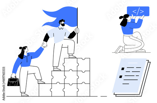 Professionals climbing puzzle steps with a flag, kneeling engineer showcasing coding, and a document. Ideal for teamwork, leadership, innovation, career growth, digital skills, planning simple
