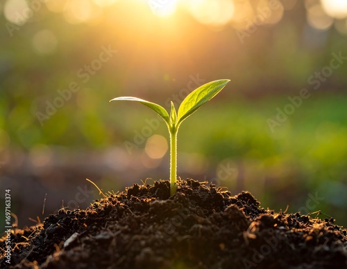 Young sprout emerging from soil at sunrise (1)