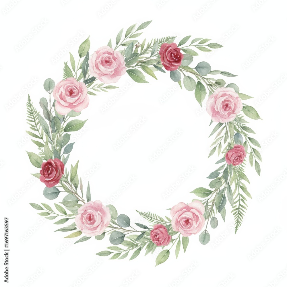A delicate watercolor wreath of pink and red roses and eucalyptus