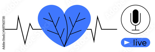 Blue heart with branching veins connected to an ECG line, microphone icon, and live streaming button. Ideal for health, technology, communication, broadcasting, wellness, podcasts simple landing