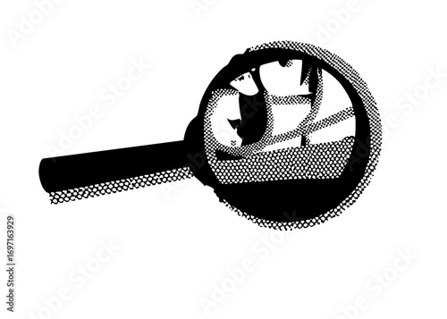 Vector Magnifying glass examines a netted sphere with abstract shapes.