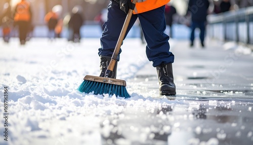 Person in protective workwear diligently clearing accumulating snow and ice from a paved outdoor surface with a vibrant blue broom, ensuring safety during winter conditions
