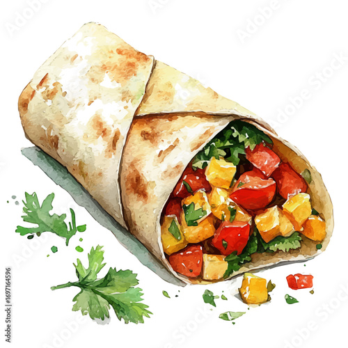 Burrito, watercolor painting vector, isolated on a white background.