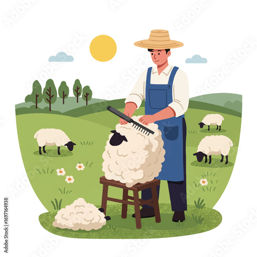 A skilled farmer carefully shears wool from a sheep on a wooden stool, presented in a vibrant 2D flat vector illustration of traditional rural life with other sheep grazing nearby.