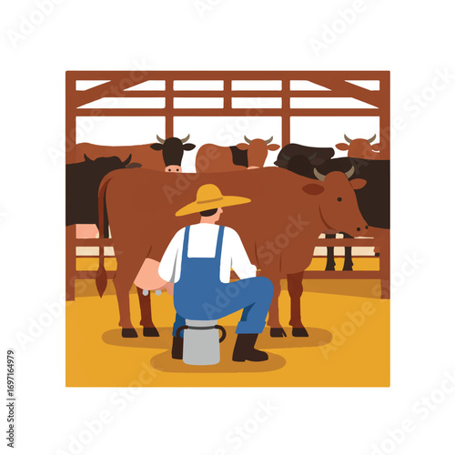 A cheerful farmer milks a cow in a rustic barn, surrounded by other cattle, presented as a vibrant 2D flat vector illustration with clean outlines on a crisp white backdrop.