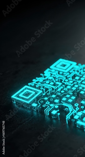 An abstract digital QR code composed of bright blue glowing circuit lines and squares rests on a dark concrete-like surface with a shallow depth of field.