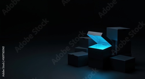 A dark  minimalist scene features several black boxes stacked on the right  with one central box partially open  emitting a vibrant blue glow into the dim environment  offering ample copy space.