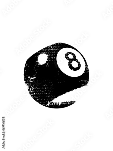 Vector Distressed black eight ball with prominent number.