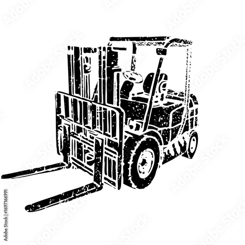 Vector Monochrome forklift truck depicts industrial machinery.
