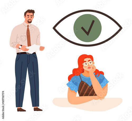 Man holding paper and woman contemplating under a large eye with a checkmark, symbolizing evaluation, focus, judgment, teamwork, decision-making, accountability, communication and clarity. Flat