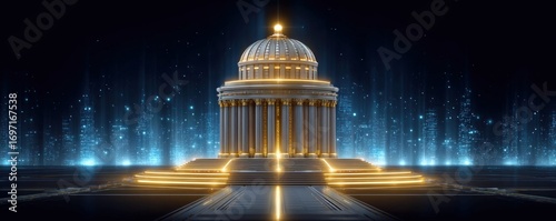 Global economy concept. A futuristic dome structure illuminated by golden lights, set against a backdrop of glowing cityscapes, evoking a sense of grandeur and innovation.