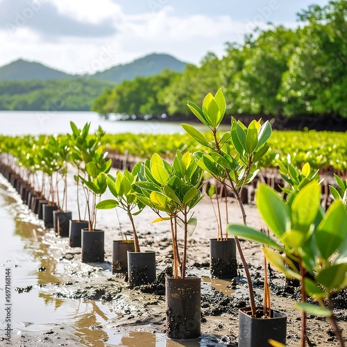 Young trees planted in rows by the water