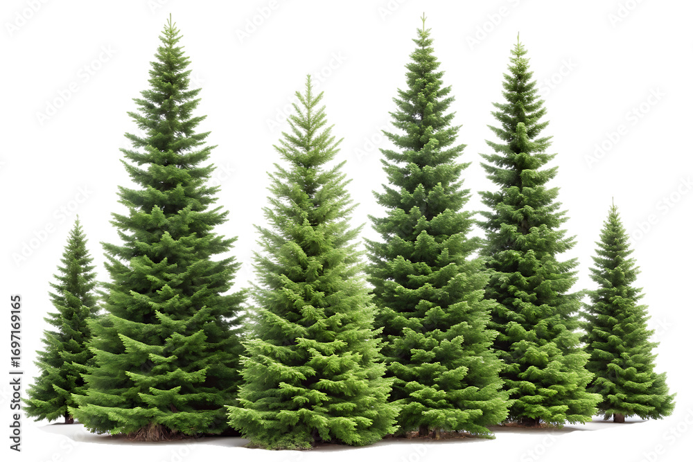 Obraz premium Green Pine Trees Cutout PNG Isolated on White Background