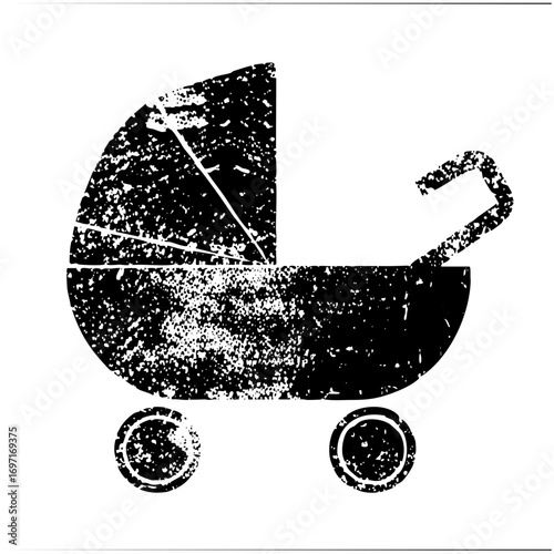 Vector Distressed monochrome of a vintage baby carriage.
