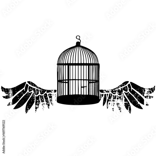 Vector Empty birdcage with outstretched wings .