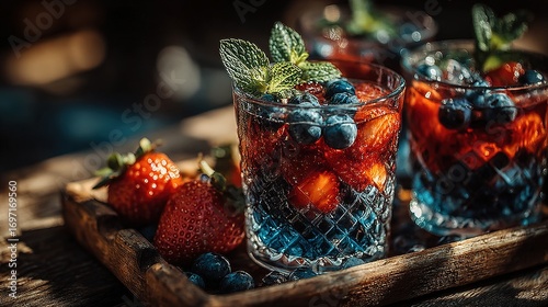 Two glasses of berry cocktails with strawberries and mint on a wooden board.