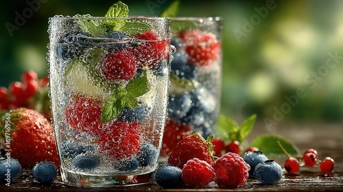 Two glasses of fruit infused water with berries and mint outdoors.