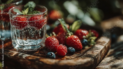 Two glasses of drink with berries and mint on a wooden board outside.
