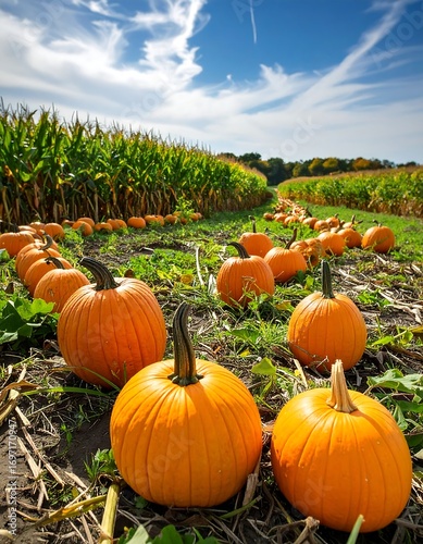 Pumpkins in a field under a blue sky