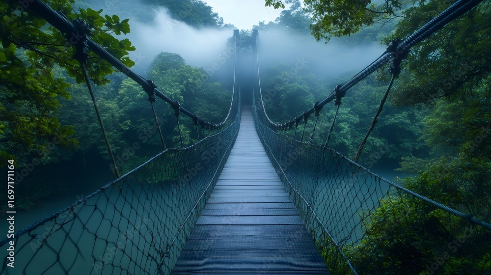 Obraz premium Suspension bridge crossing misty jungle over river