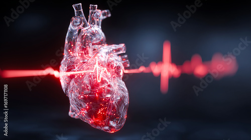 3d render of a heart with an ecg line, with red glowing lines. 