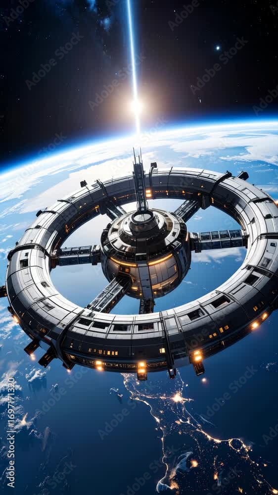 custom made wallpaper toronto digitalFuturistic space station orbits a blue planet with glowing city lights, a beam of light pierces through the atmosphere in cosmic perspective.