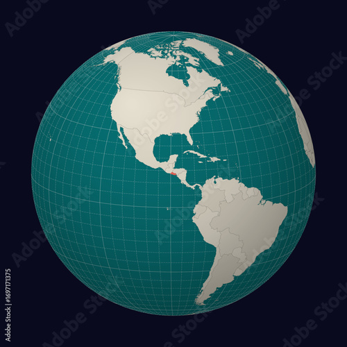 El Salvador on the map. Globe centered to El Salvador. Country location on the world map. Teal Pale Mint color palette. Globe with countries, meridians and parallels. Classy vector illustration.