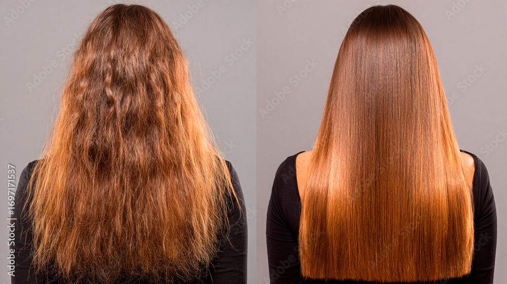 Fototapeta premium Hair Transformation: A stunning before-and-after of a woman's hair, highlighting the metamorphosis from frizzy and damaged to sleek and smooth, a testament to beauty and hair care.