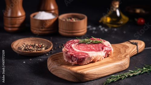 Close-up of raw beef on a wooden surface, showcasing freshness and culinary appeal.