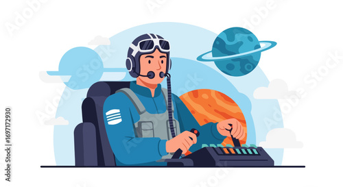 A cartoon illustration of a pilot in flight suit wearing a helmet and headset with planets in the background for educational space exploration resources