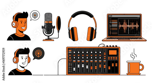 An illustration showcasing podcasting equipment and characters for use in digital marketing, social media, or website design emphasizing audio content creation