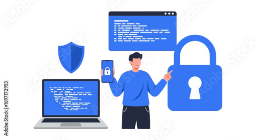 A conceptual illustration of data security and protection featuring a professional safeguarding digital information across devices against cyber threats for online privacy