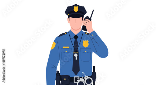 A vector illustration of a police officer communicating via radio for use in law enforcement training materials and public service announcements