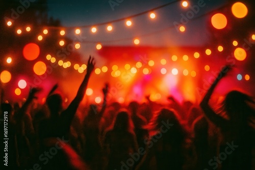 Colorful outdoor music festival crowd with dreamy bokeh lights and motion blur capturing summer energy nightlife celebration and joyful atmosphere