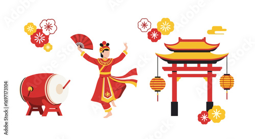 A vibrant cultural celebration illustration showcasing traditional chinese elements like a dancer, drum, gate, lanterns, and plum blossom for festive designs