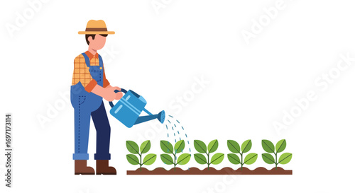 A vector illustration depicting a farmer watering young plants in a field, symbolizing agriculture, organic farming, and sustainable food production for agricultural themed content
