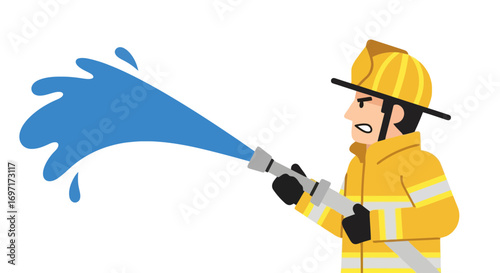 A Focused firefighter illustration spraying a powerful stream of water to extinguish a fire or provide rescue support in emergency response operations