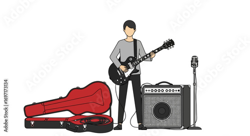 A guitarist plays an electric guitar with an amplifier, microphone, and guitar case for music lessons and band promotional materials.