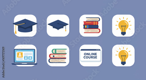 Collection of icon sets for educational and online learning with graduation cap and light bulb symbols