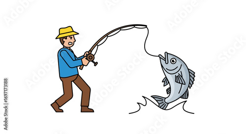An illustration of a man reeling in a large fish with a fishing rod, showcasing the thrill of the catch and the joy of outdoor recreational activities