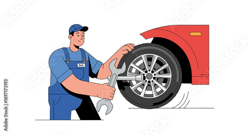 Automotive repair and maintenance vector illustration portraying a mechanic changing a tire on a red car for use in service promotions and educational content