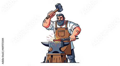 A skilled blacksmith forging hot metal on an anvil with a hammer illustration, showcasing craftsmanship, strength, and the art of traditional metalworking