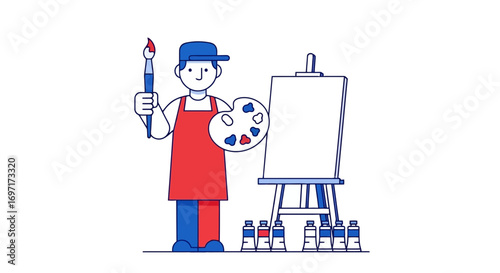 An artist with a paintbrush and palette stands before a blank canvas, ready to create a masterpiece for creative projects, educational materials, and artistic design