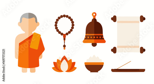 A flat vector illustration depicting buddhist cultural elements including a monk, prayer beads, a bell, scroll, lotus flower, rice bowl, and incense for educational and design purposes