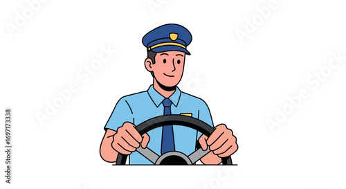 A cheerful bus driver illustration with a friendly expression, expertly navigating the vehicle for safe and reliable public transit services across the city
